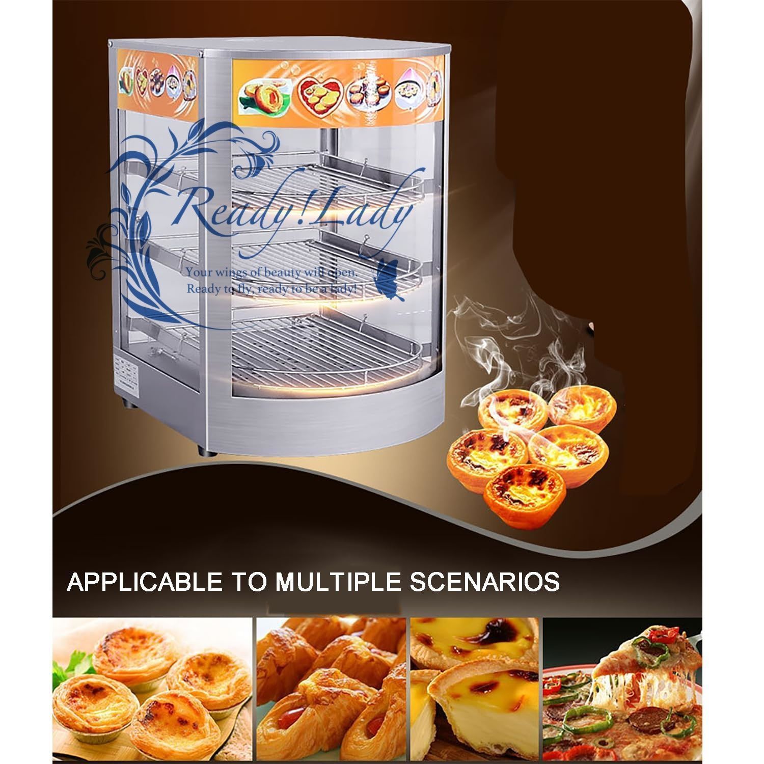 ホットフードディスプレイキャビネットウォーマー 照明付き 3段ステンレススチールフードウォーマー 0.8KW温度範囲30?85℃