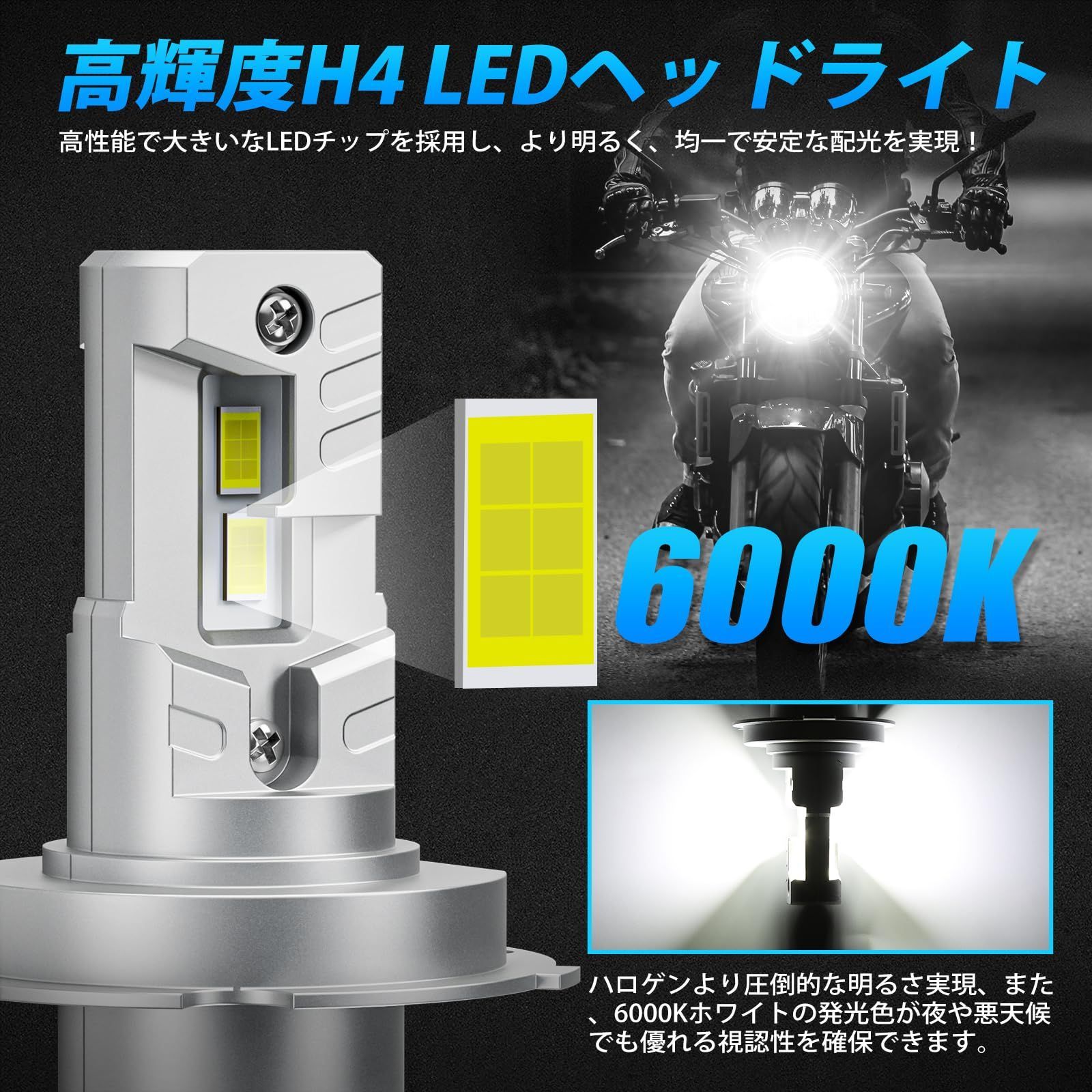 新品 バイク ヘッドライト led 車検対応 バイク led led h4 HI/LO切替 ファンレス H4 ノイズキャンセラー内蔵 一体型 DC12V/24V 25W バイク」SUPAREE 6500K ホワイト H4 「純正サイズh4 LEDバルブ 高輝度