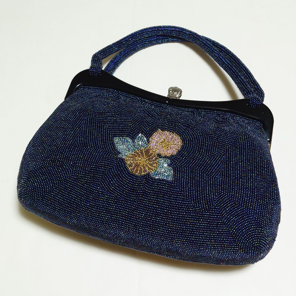 ビーズバッグ 和装バッグ がま口 ビーズ刺繍 植物模様 手刺繍