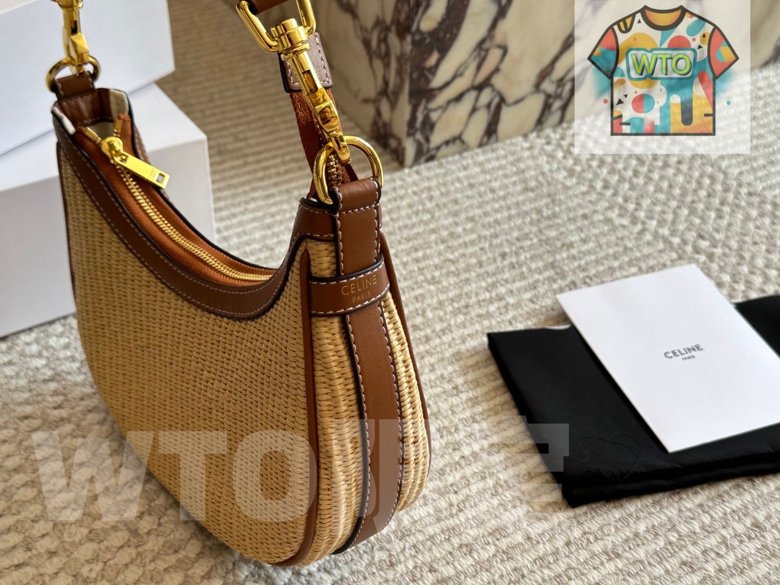 【CELINE】　セリーヌストロー　ツイード　ハンドバッグ 今日WTO】Celine セリーヌ 新作 ストロー アームキャリーバッグ