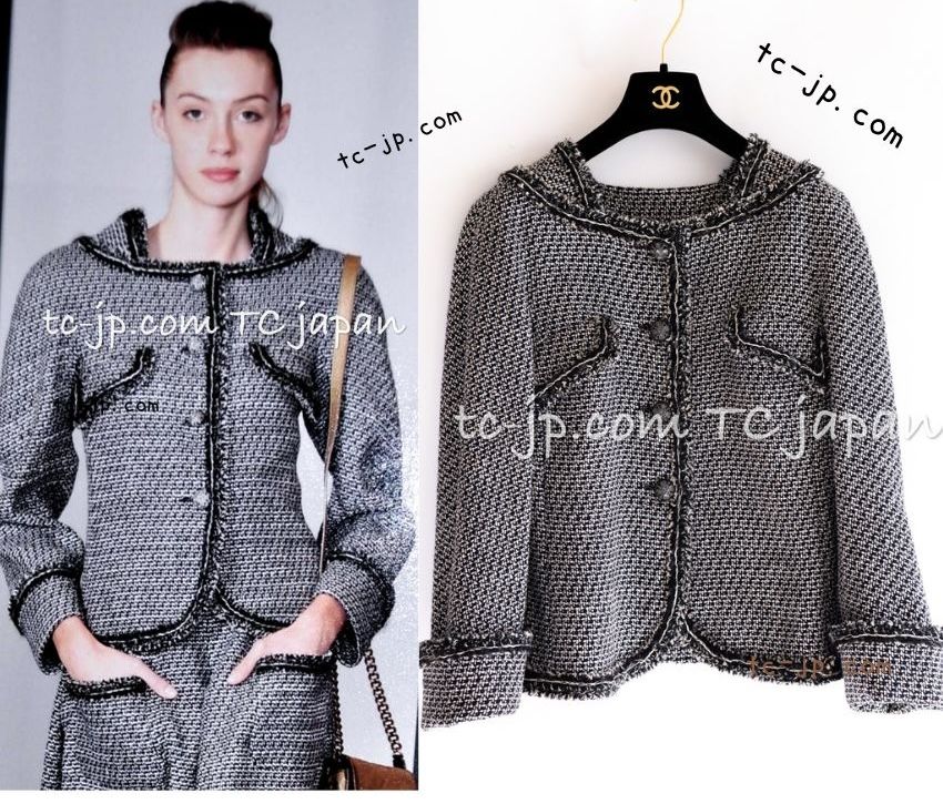CHANEL - 75万 シャネル ジャケット CHANEL  グレー ブラック 黒 リネン ウール ツイード 貴重なグリポア 宝石 ボタン ノーカラー コートカーディガン 36 38 75万 シャネル ジャケット CHANEL グレー ブラック 黒 リネン