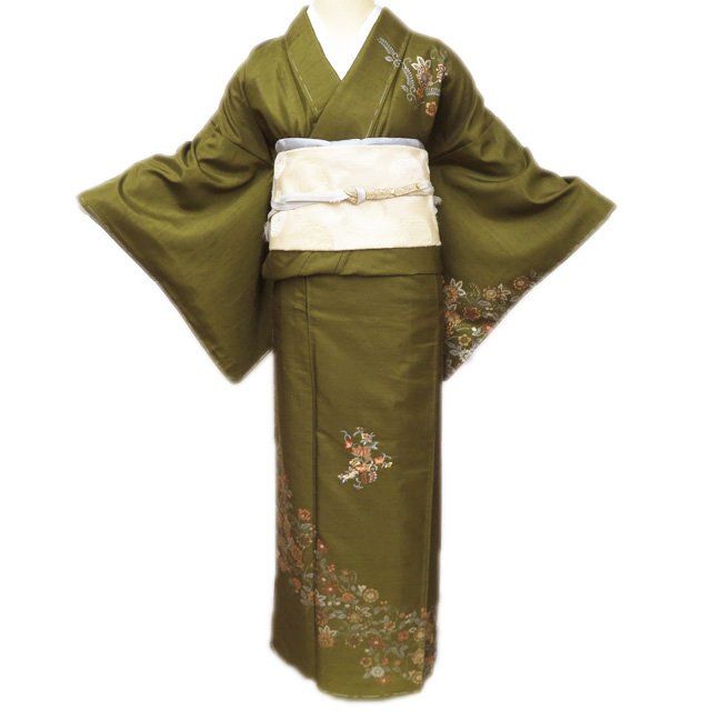 特選 紬地 着物 正絹 袷 セミフォーマル 刺繍 花の図 鶯茶色 多色 身丈165.5cm 裄65cm L トール きもの北條 A1274-6