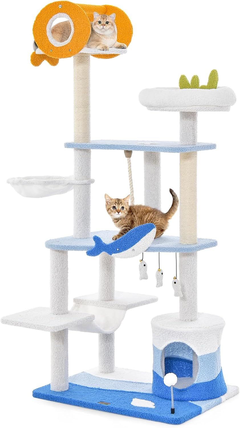 GYMAX キャットタワー 高さ168cm 猫ハウス 猫タワー 猫部屋 ネコタワー 猫用 据え置き 天然麻紐 爪とぎポール 展望台 ハンモック ボンボンおもちゃ付き 多頭飼い 運動不足解消 猫おもちゃ 猫の