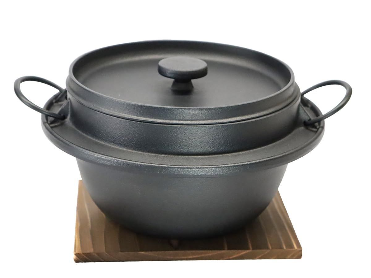 南部鉄 岩手県伝統工芸品 ごはん鍋 アサヒ 5合(焼杉敷台付)(ガス・IH対応)業務用使用品
