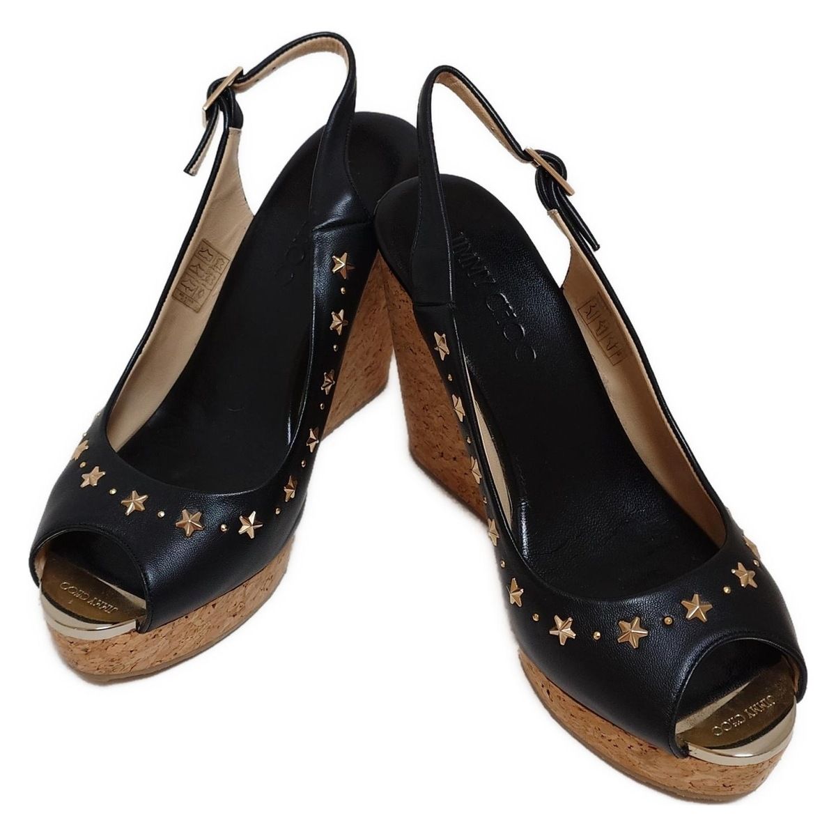 JIMMY CHOO ジミーチュウ サンダル 38 レディース - 黒 スタッズ|スター 星 |ウェッジソール レザー
