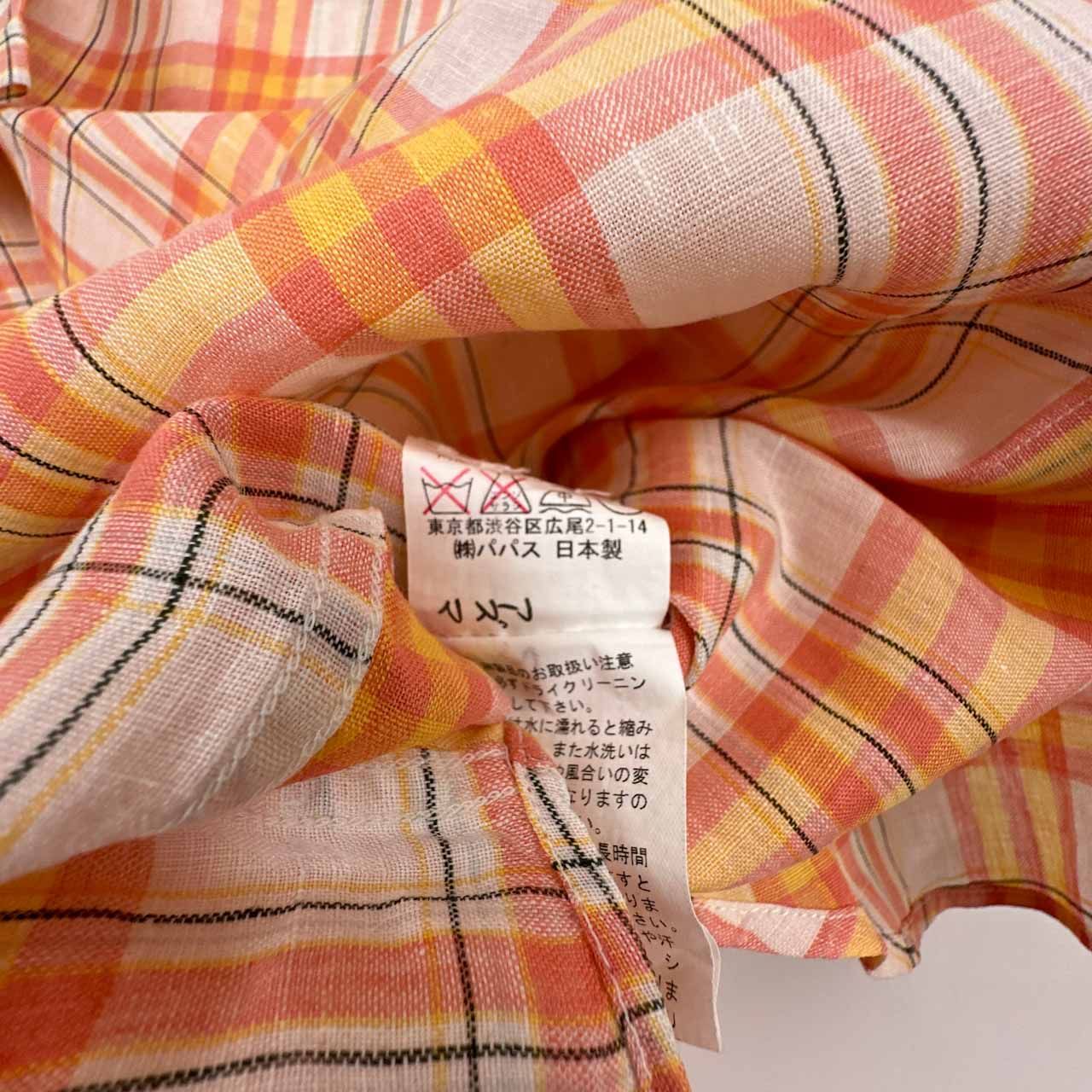 リネン100%◇Papas パパス チェック柄 半袖 ボタンダウン BD シャツ M