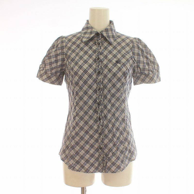 バーバリーブルーレーベル BURBERRY BLUE LABEL ブラウス シャツ 半袖 チェック フリル 刺繍 コットン 36 S 青 ブルー グレー /KU