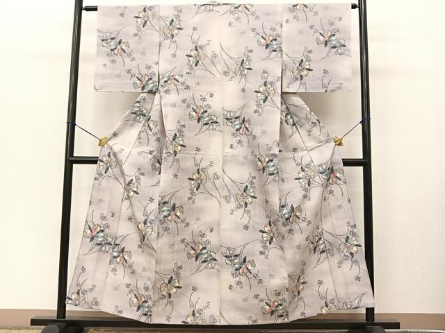 平和屋着物▽上質な紬 単衣 草花文 正絹 逸品 BAAT9030yc