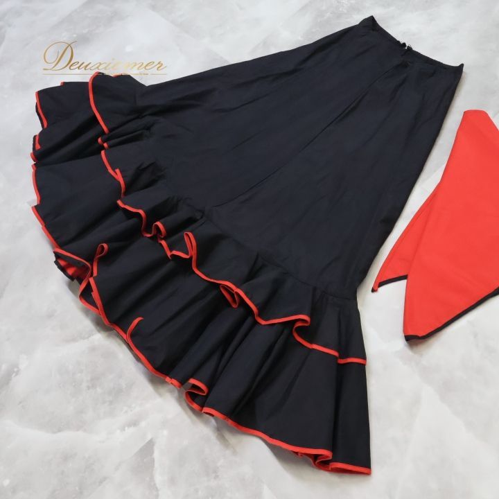 フラメンコスカート 黒と赤のフリル フラメンコスカート(ファルダ) フラメンコ 衣装 ファルダ スカート 黒