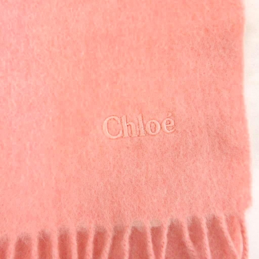 クロエ CHLOE 美品 マフラー ストール フリンジ ロゴ刺繍 ピンク