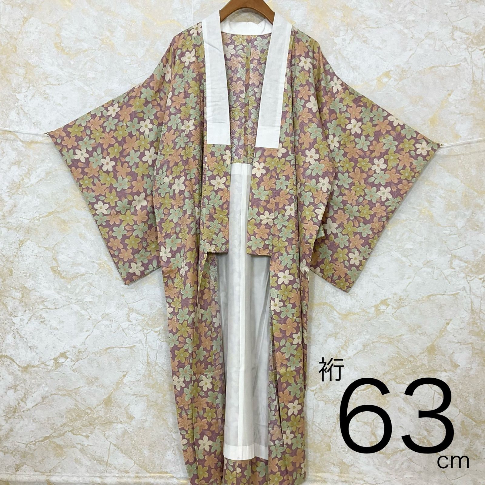 kimono+one◆未使用同然◆長襦袢◆単衣◆居敷当て付き◆衣紋抜き付き◆薄紫◆花◆裄63肩丈125.5◆小紋紬附下訪問着留袖袷単衣夏着物◆K1170