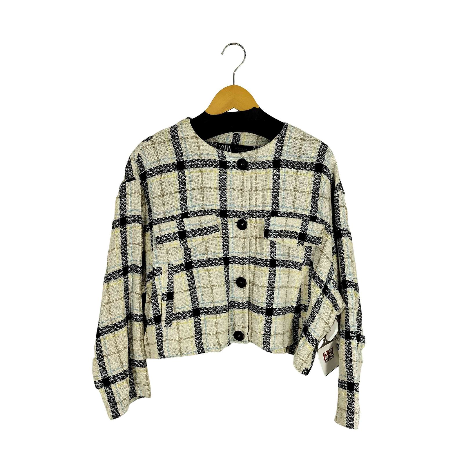 ZARA ノーカラー ツイードコート チェック ザラ ZARA チェック柄 ノーカラーツイードジャケット レディース