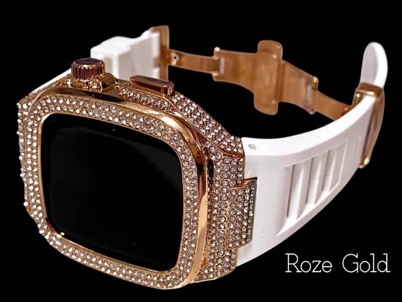 アップルウォッチケース 互換性対応 カスタム カバー 保護 ギフト 44 ４２ 45 46 キラキラ ベルト Apple Watch バンド セット series4 5 6 7 8 9 10 11 ローズホワイト