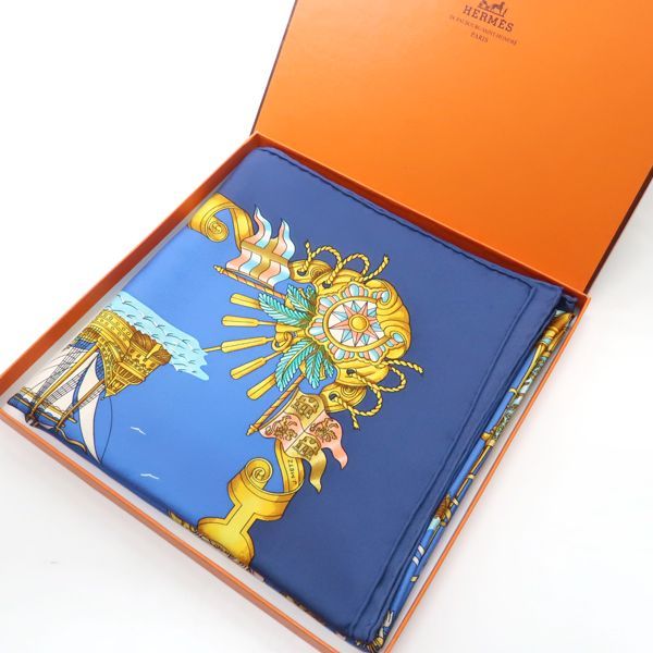 HERMES シルクスカーフ 海と船 HERMES エルメス カレ90L'AIR MARIN 海風 船 灯台 貝殻 スカーフ