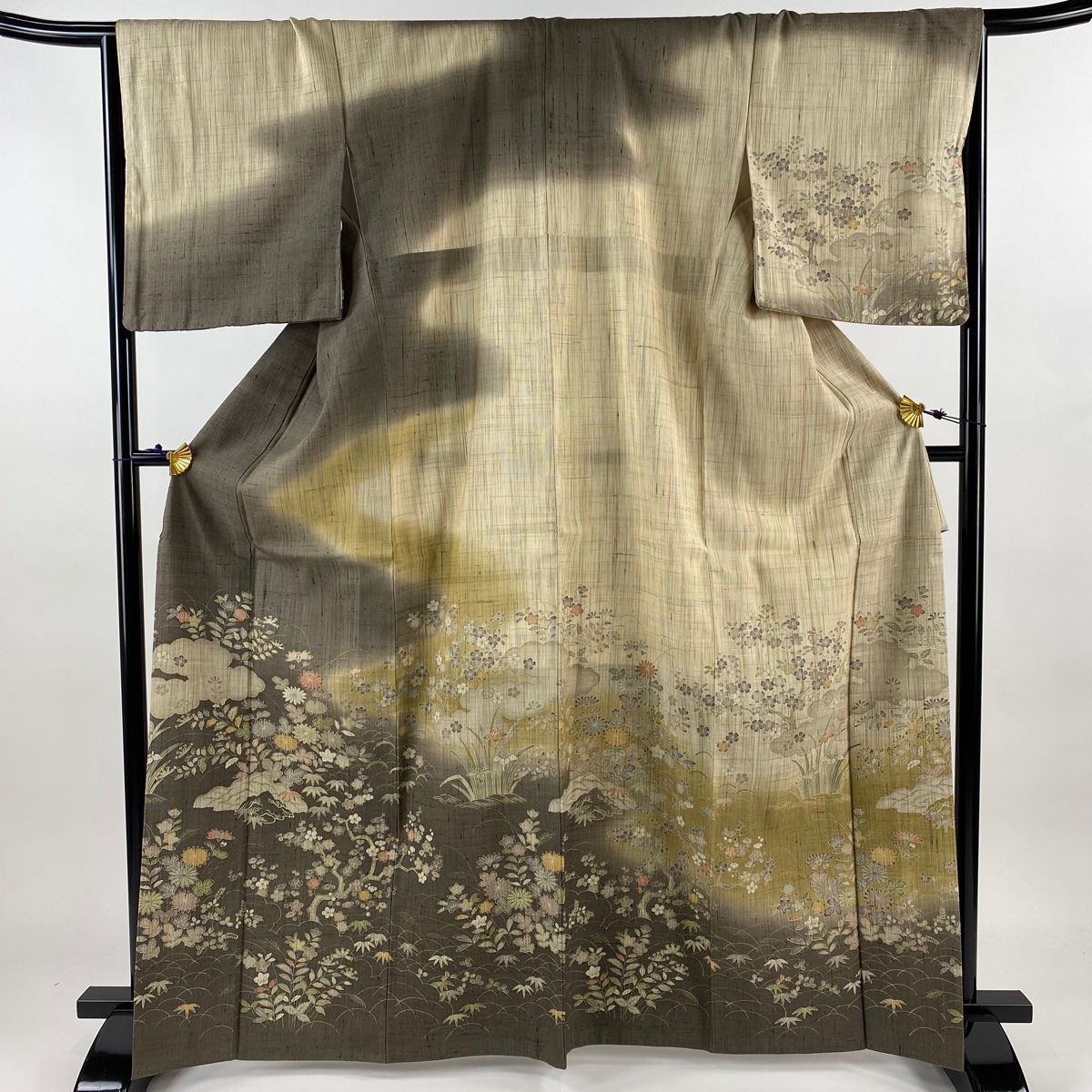 訪問着 身丈167cm 裄丈65.5cm M 袷 生紬 しょうざん 証紙 草花ー 雲文  