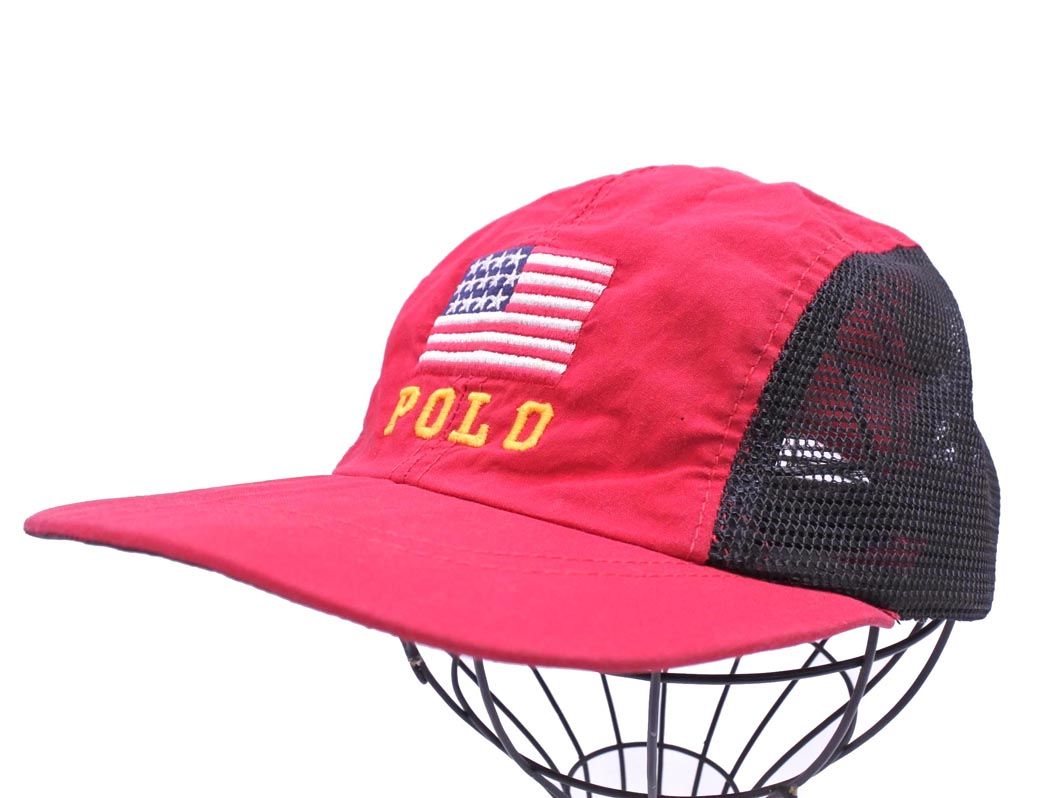 POLO RALPH LAUREN ポロ ラルフローレン メッシュ 星条旗 刺繍 キャップ 赤 ◎メンズ