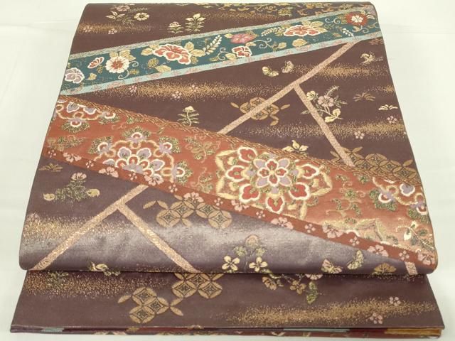 平和屋着物◎両面 六通柄袋帯 唐織 切嵌花文 金糸 正絹 逸品