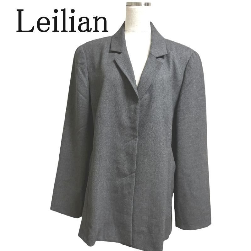 Leilian レリアン レディース ウールテーラードジャケット スーツ上 グレー 13号 L 無地 春 秋