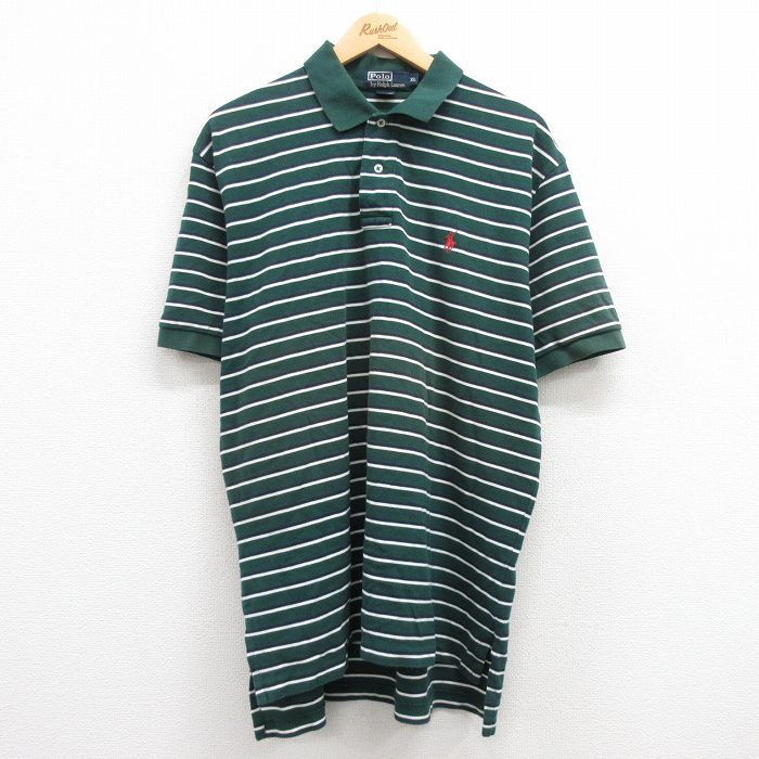 XL/古着 ラルフローレン 半袖 ブラント ポロ シャツ メンズ 90s ワンポイントロゴ 鹿の子 大きいサイズ コットン 緑他 グリーン ボーダー 2