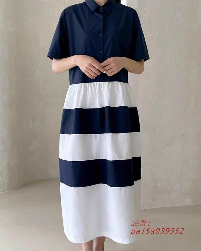 襟付きワンピース ロング ワンピース 春 カジュアル レディース ゆったり ドッキングワンピース ワンピース ワンピース シンプル ボーダー 夏 半袖 pai5a939352