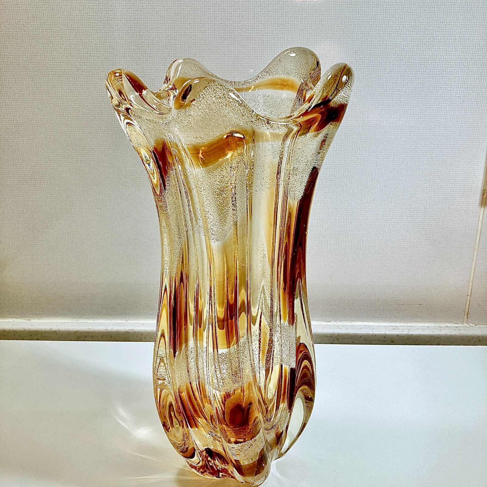 吹きガラス  飴色  アンバー  フラワーベース　  花瓶