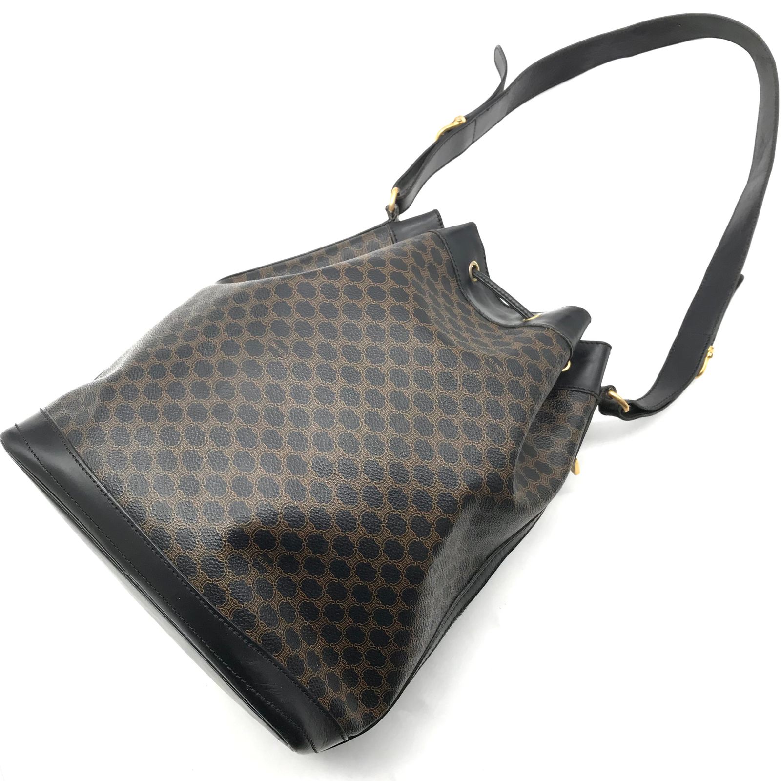 良品 CELINE セリーヌ ブラック マカダム 巾着型 ヴィンテージ サイドジップ ショルダー バッグ a2246 CELINE - 良品 CELINE セリーヌ ブラック マカダム 巾着型
