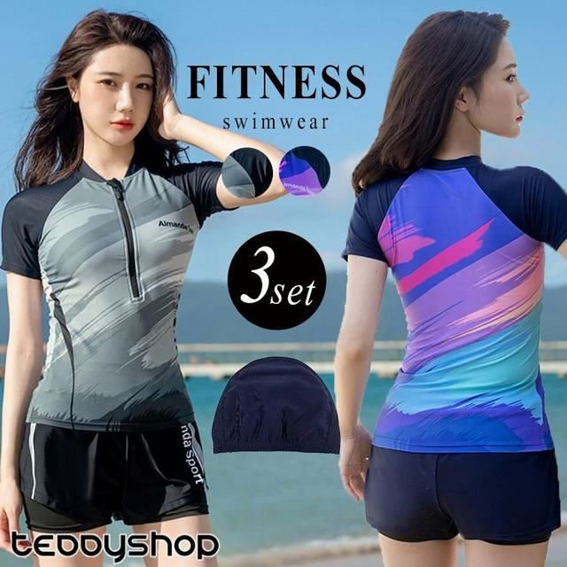 フィットネス 水着 レディース 体型カバー水着 3点セット セパレート ショートパンツ スイムキャップ 水陸両用 めくれ防止 フック ハーフジ