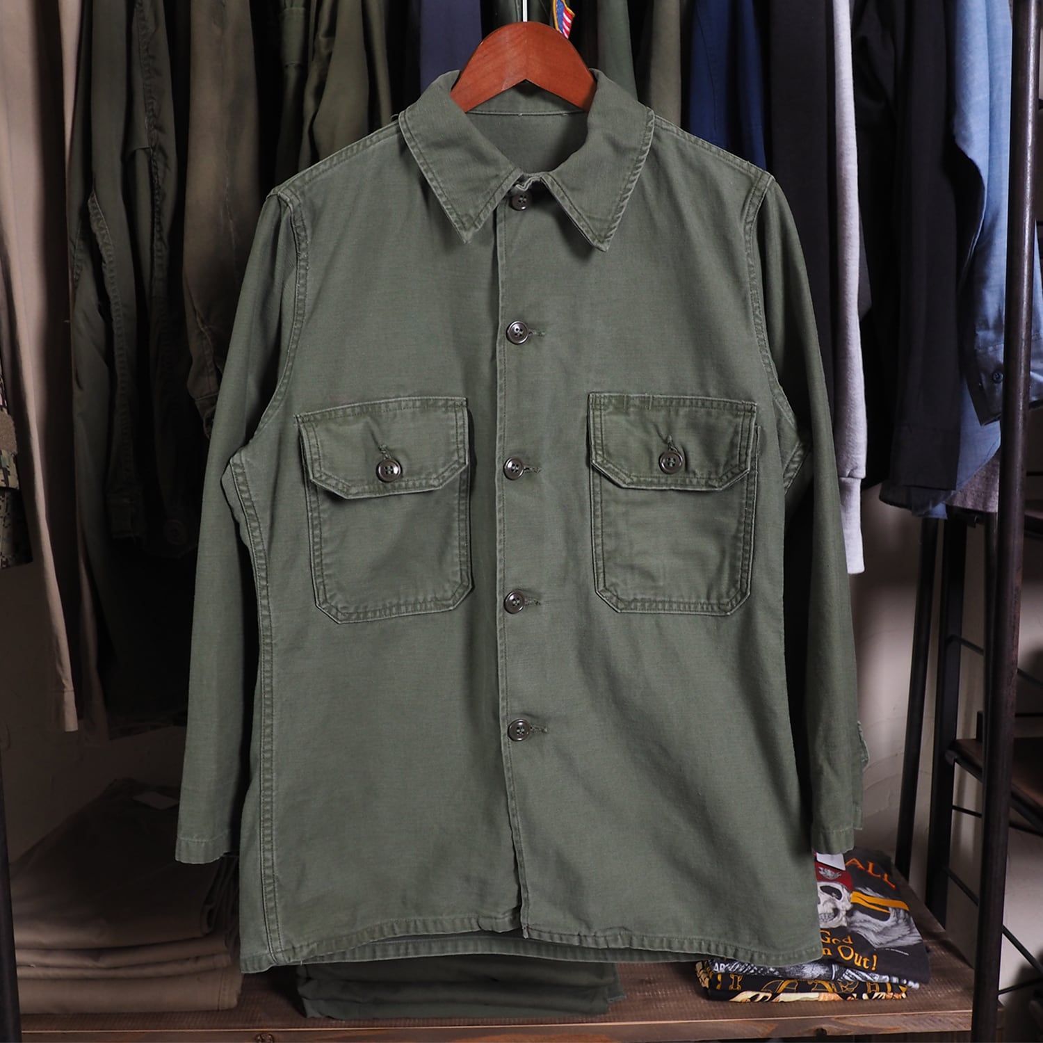 60s usarmy アメリカ軍 シャツ OG107 ベイカーシャツ 2nd コットン 筒袖 平ボタン ビンテージ M ダブルステッチ