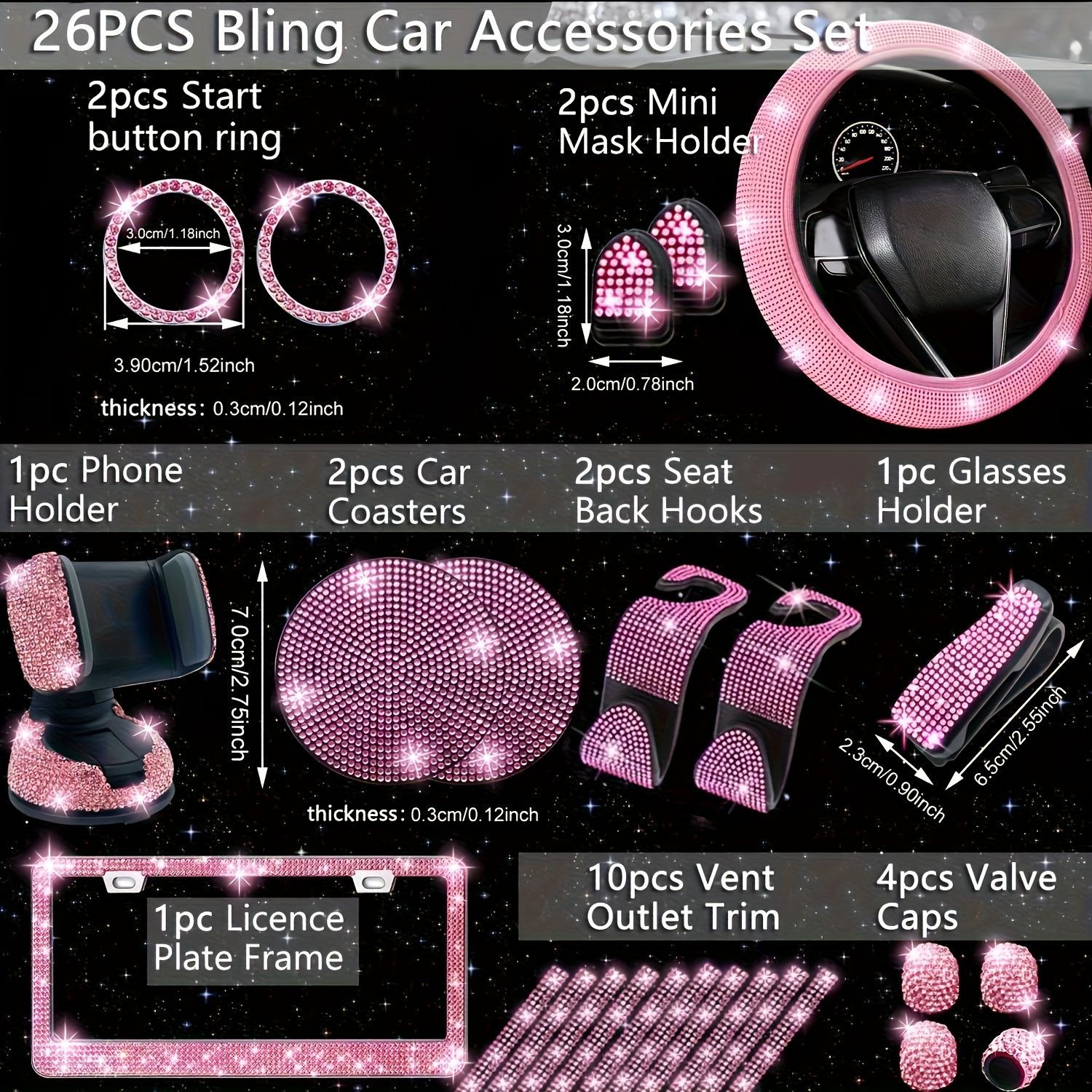 車用品 カーアクセサリー 26点セット キラキラ ラインストーン ステアリングホイールカバー ナンバープレートフレーム 携帯電話ホルダー コースター シートバックフック メガネホルダー 通気口トリム スタートボタンリング ミニマスクホルダー ハンドルカバー WWW_NOITHATQUANGTHANH_NET