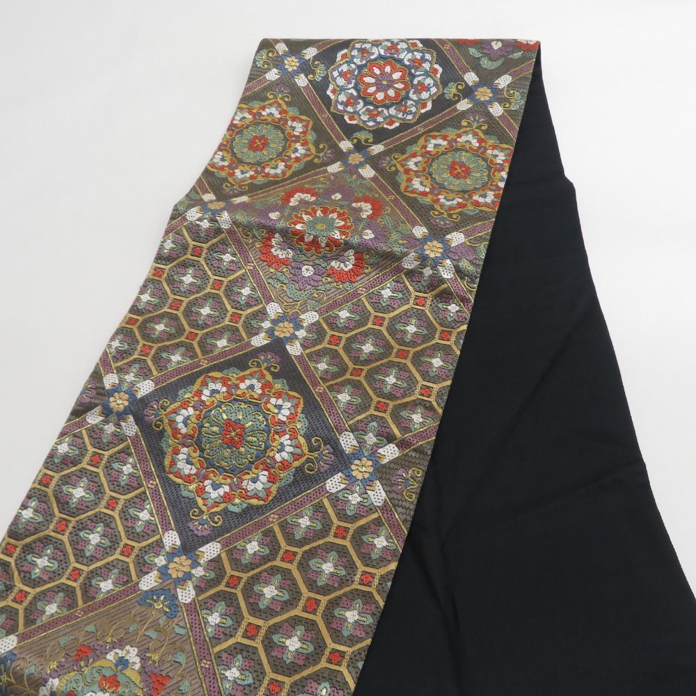 袋帯 正絹 総絽刺し 刺繍 全通柄 菱型に華文 金糸 茶色ｘ金色ｘ緑色ｘ多色 フォーマル 礼装 長さ440cm