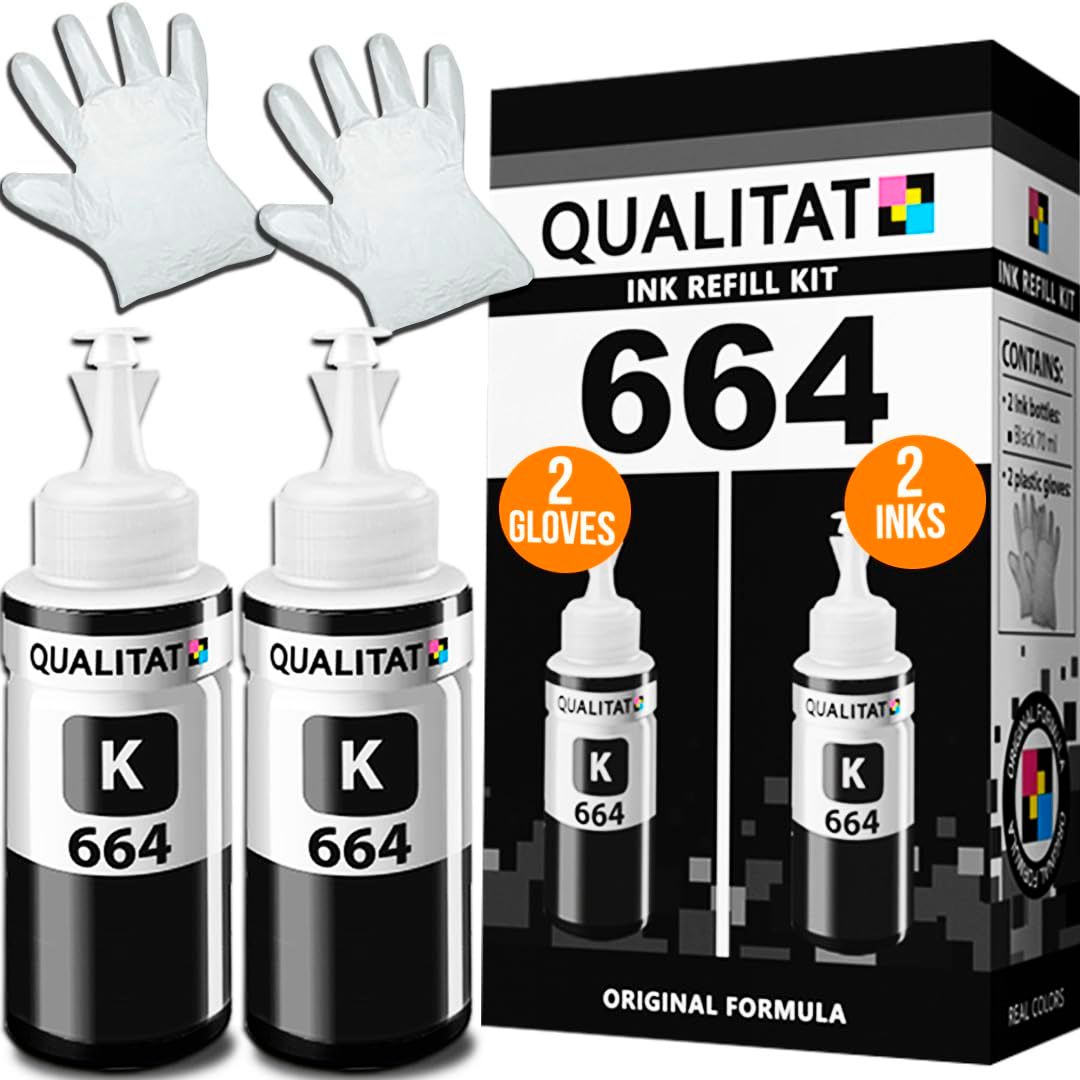 QUALITAT Epson 664 インク詰め替えボトル | エプソンインク 664 ブラック詰め替えキット | インク収納ボックス + ブラックボトル2個 + 手袋2本 | 664インク EcoTank Expression ET-2650 ET-255