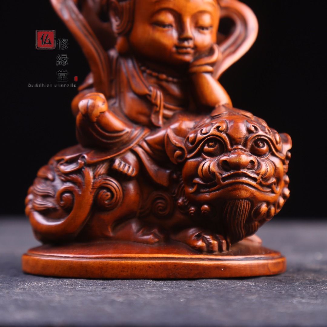 修縁堂】木彫り 仏像 文殊菩蕯 普賢菩薩座像一式 彫刻 仏教工芸