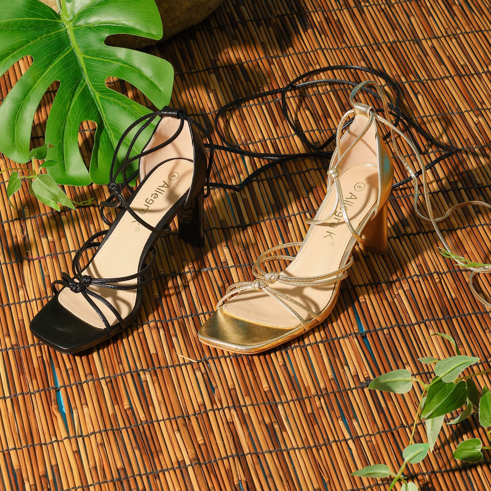 Allegra K サンダル チャンキーハイヒール レースアップ