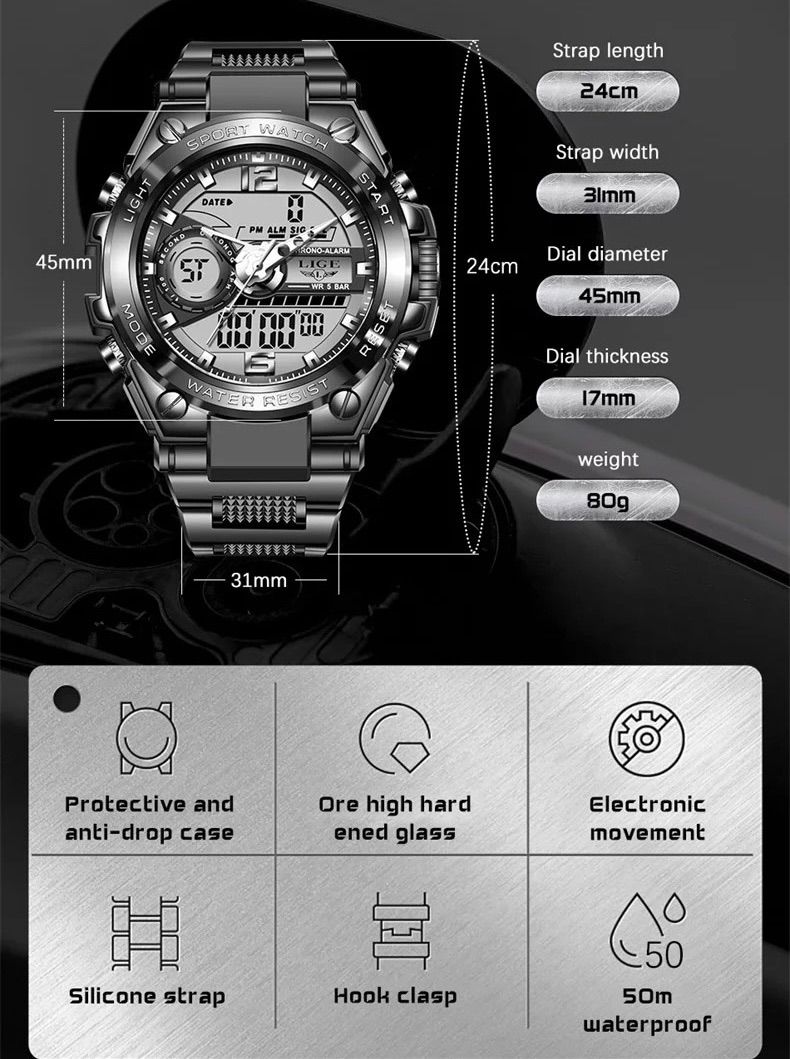 新品 LIGE スポーツデュアルウォッチ 50m防水腕時計 メンズ腕時計 ブラック - メルカリ