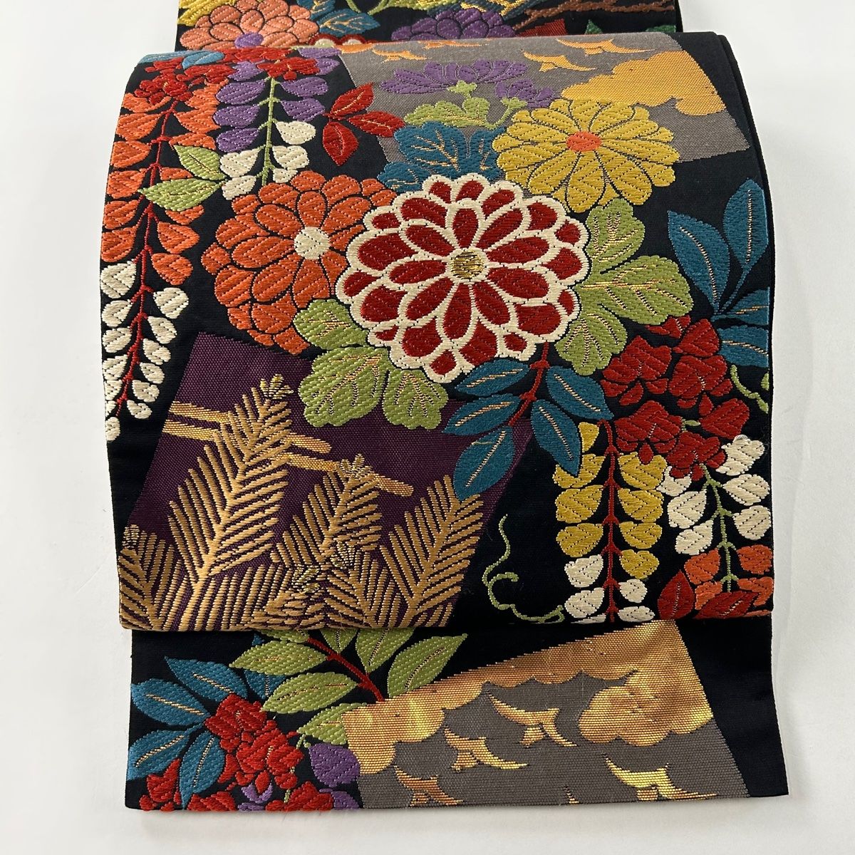 袋帯 名品 花井幸子 落款 草花 松竹梅 唐織 箔 黒 六通 正絹 【中古 