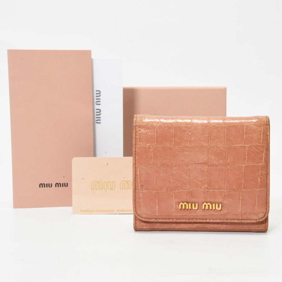 MIU MIU コンパクト3つ折財布 ピンクレザー クロコ型押し - 折り財布