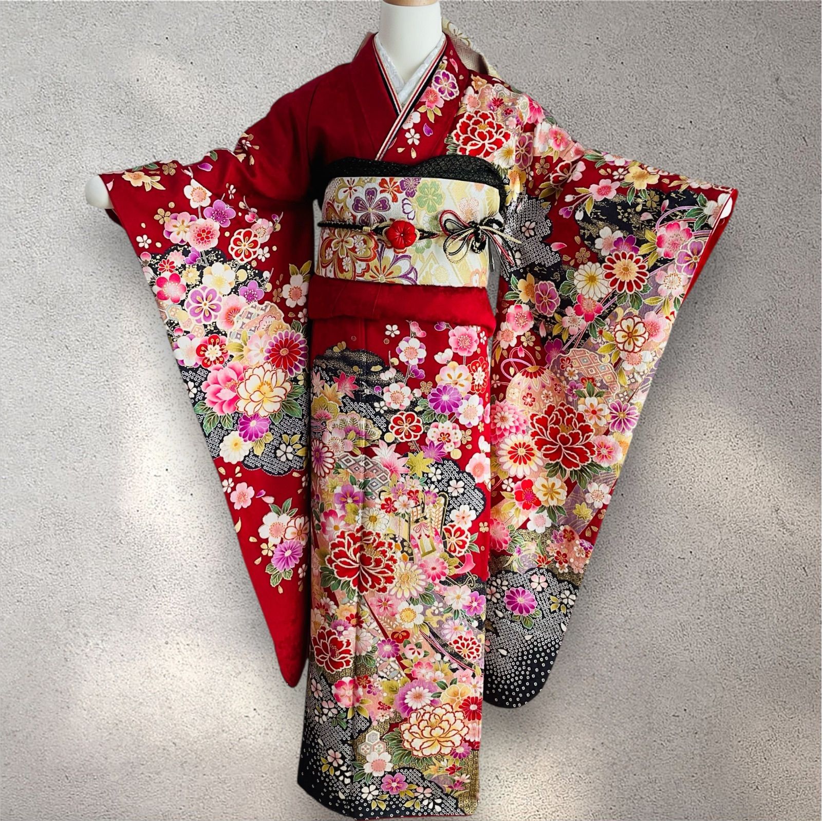 振袖 振袖フルセット 赤系 牡丹 御所車 熨斗柄 古典柄 鹿子模様 吉祥文様 正絹