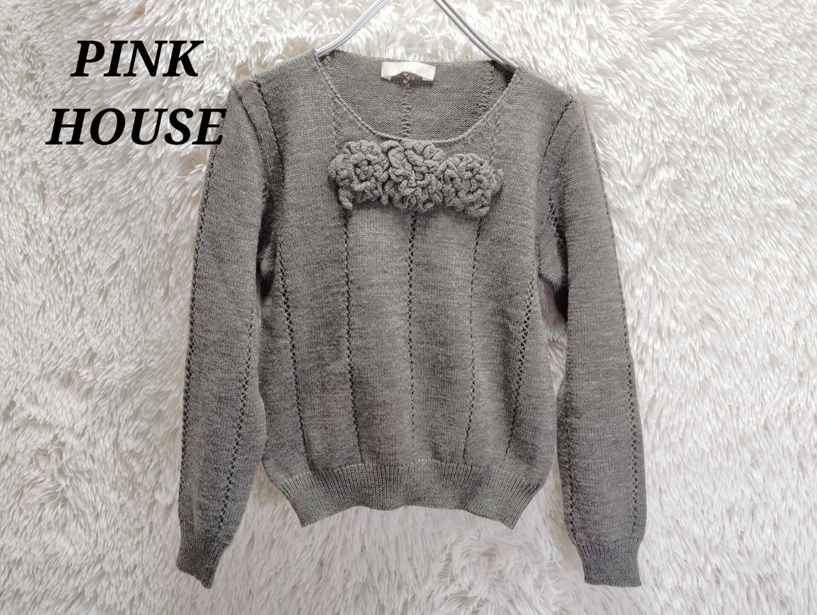 美品　ピンクハウス　pinkHouse　花　フラワー　デザイン　ニット　ウール　グレー