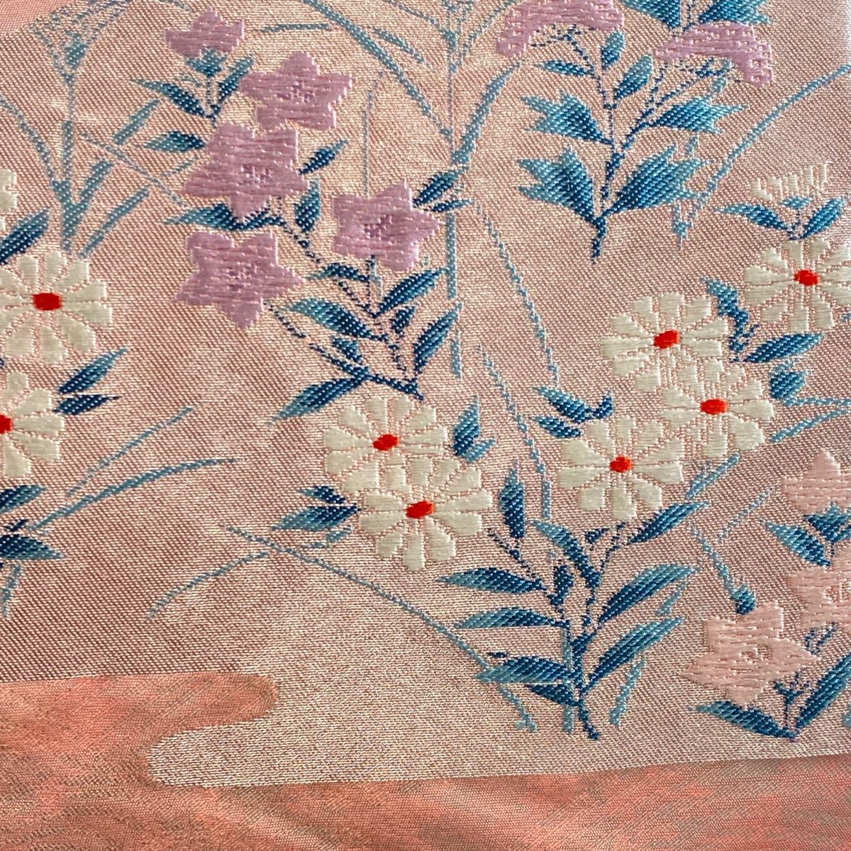 作り帯 【その他】 扇 ? 流線 花模様 観世水 銀糸 着物 093tz