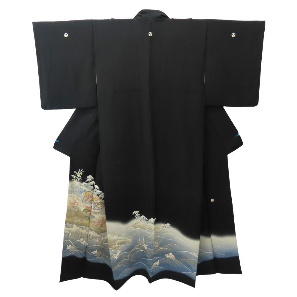 留袖 正絹 金銀糸除く ブラック ブルー 風景柄 フォーマル 落款あり 和装 呉服 和服 きもの レディース 女性