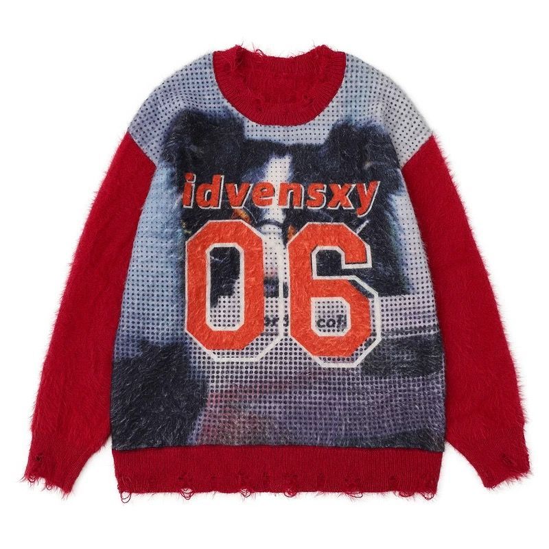 ♥ h アメリカンハイストリート ヴィンテージ風 ジャカード ルーズフィット ニットセーター｜メンズ 美式Vibe モヘア風 ダメージ加工 スポーティデザイン