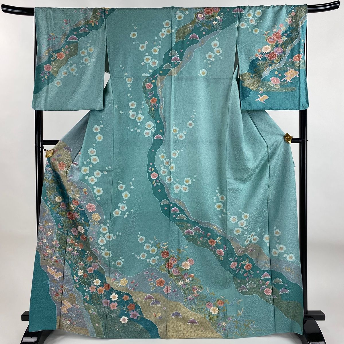 訪問着 身丈169cm 裄丈67cm M 袷 鴛鴦 菊 金彩 薄青緑 正絹 秀品