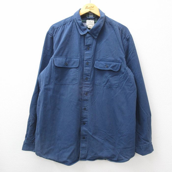 XL/古着 エルエルビーン LLBEAN 長袖 ブランド シャツ メンズ 00s 大きいサイズ ロング丈 コットン 紺 ネイビー 内側フランネル 24sep30 中