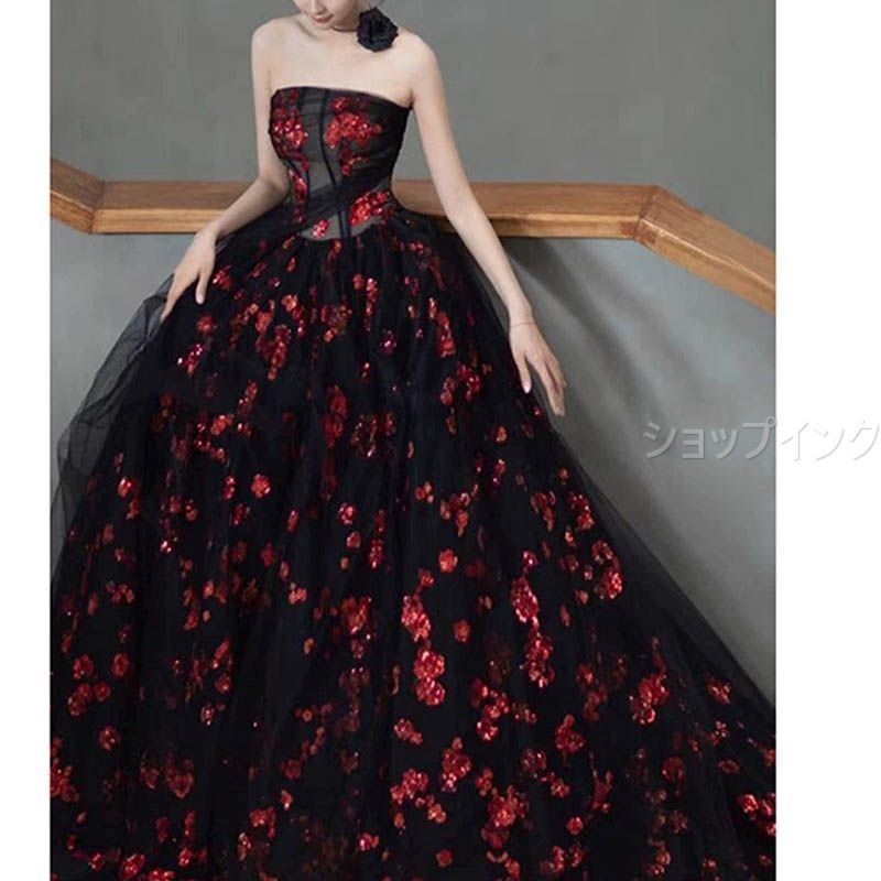 ドレス ロングドレス 演奏会 コンサート 結婚式 発表会 披露宴 ウエディングドレス aライン ビスチェ 二次会 ステージ衣装 黒 赤 花柄 ロングトレーン