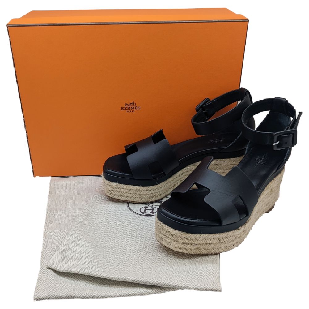 HERMES エルメス サンダル ブラック エルダ ウェッジソール 黒 レザー