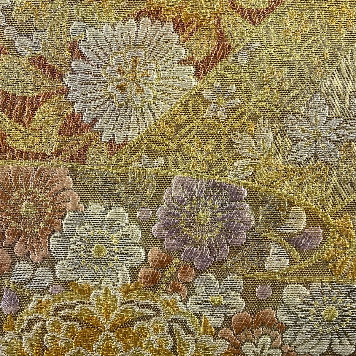 袋帯 秀品 草花 華文 箔 金糸 金色 六通 正絹