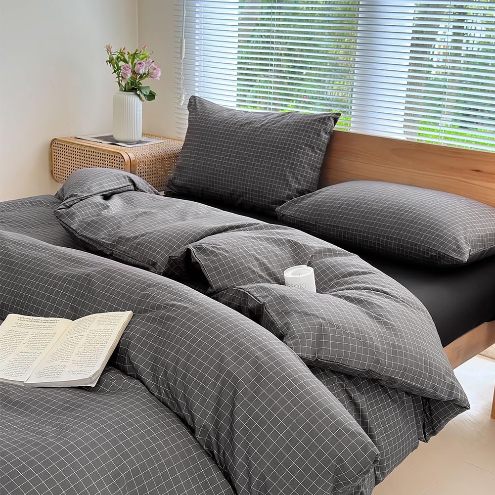 【特価セール】シングル 3点セット 布団かばー 布団カバー ベットカバー ベッド用 single ダークグレー チェック柄 NSNLGSGC 韓国 洋式・和式兼用 洗い替え速乾タイプ 防ダニ