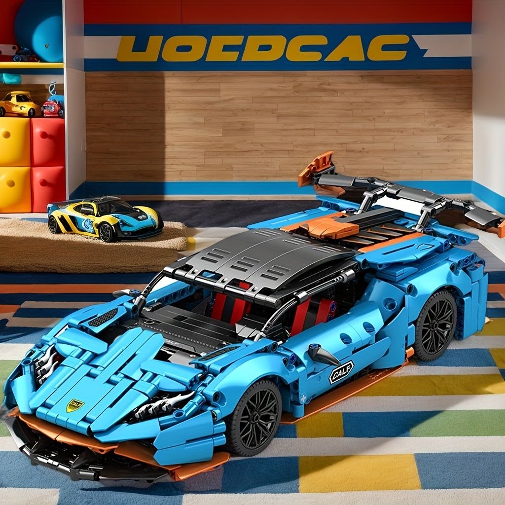 1300ピース クールブルー スポーツカー ビルディングブロック、大型カーモデル組み立て、レーシングファンへのギフト、クリスマスに最適、完璧な誕生日プレゼント