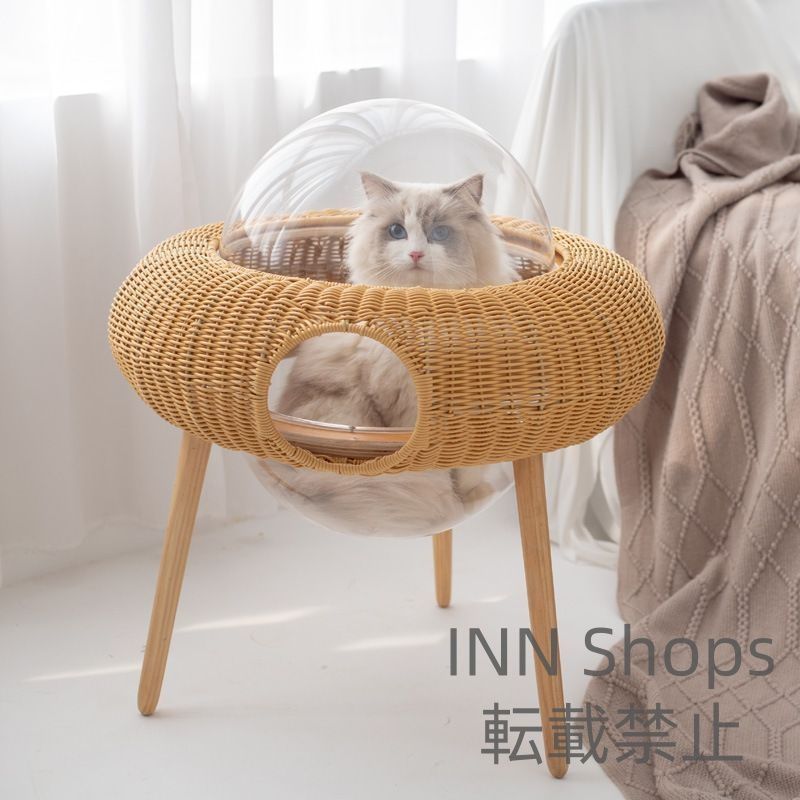 UFOテーブルベッド キャットカプセル キャットハウス キャットドーム キャットテーブル ペットハウス ペットスリーピングベッド 手織り猫ベッド 織りペットベッド アクリルバブルクリアキャットベッド 屋内猫用 籐ベッド dkcp2