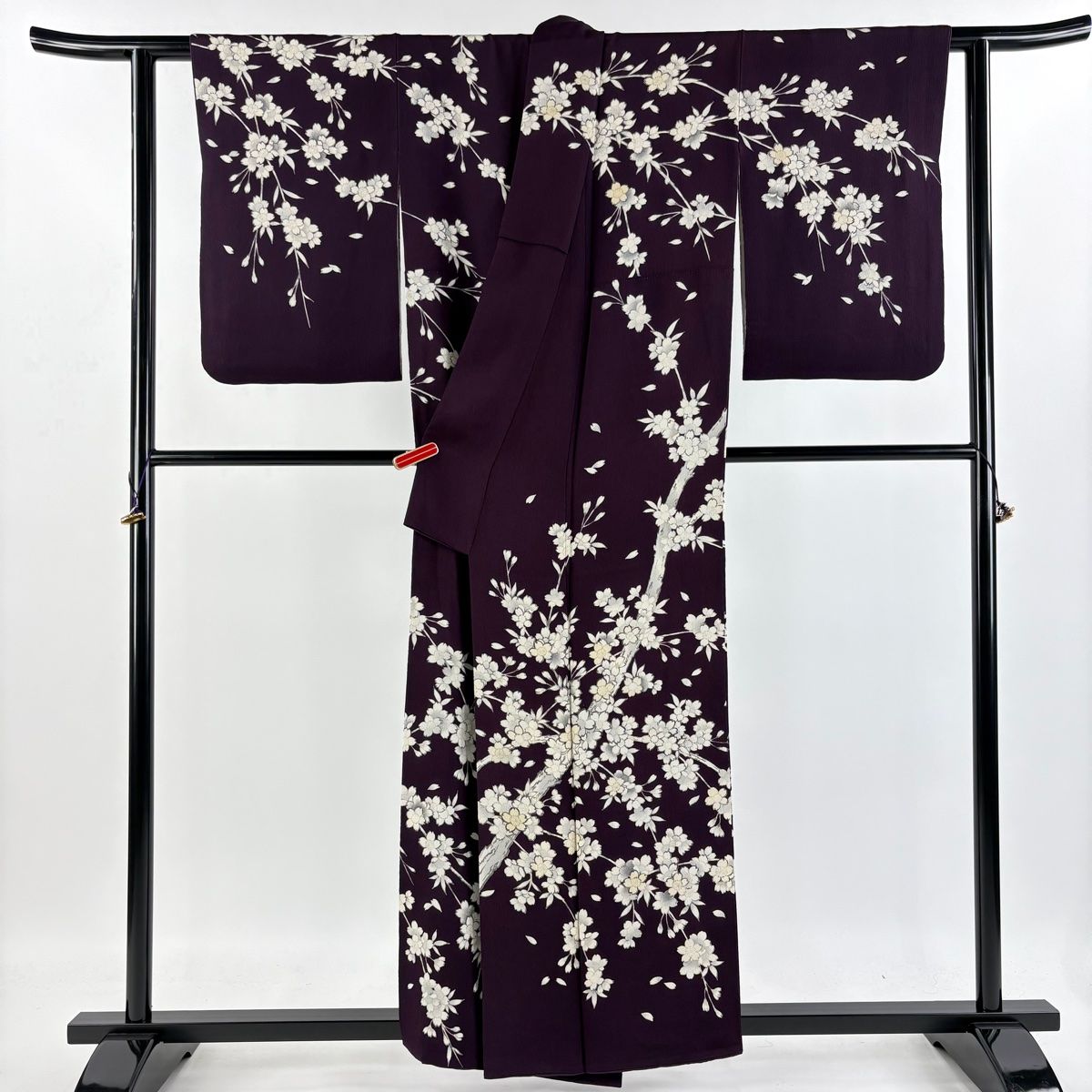 訪問着 身丈156.5cm 裄丈65cm M 袷 岡村蒼風 落款あり 建物 松 ぼかし 染め分け 青灰色 正絹 名品 中古